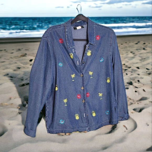 Tencel Tropical Embroidered Buttondown Retro Preppy Vacation Cruise Spring Top L - Picture 15 of 15